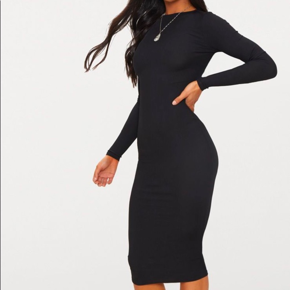 Black Ribbed Long Sleeve Midi Dress